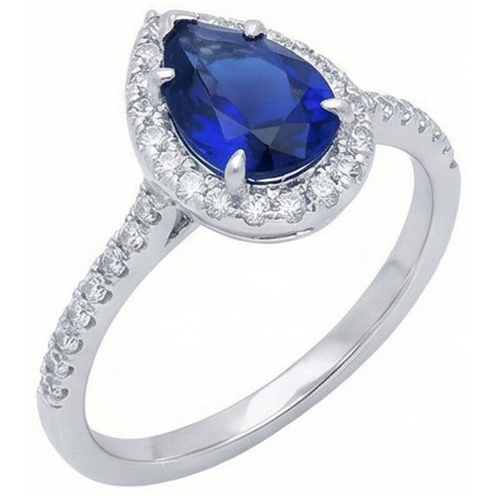 2.88 Carats Pear Cut Sri Lanka Blue Sapphire Natural Earth Mined Diamond Anniversary Ring