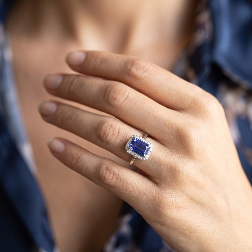 2 Carat Emerald Cut Sapphire Halo Ring