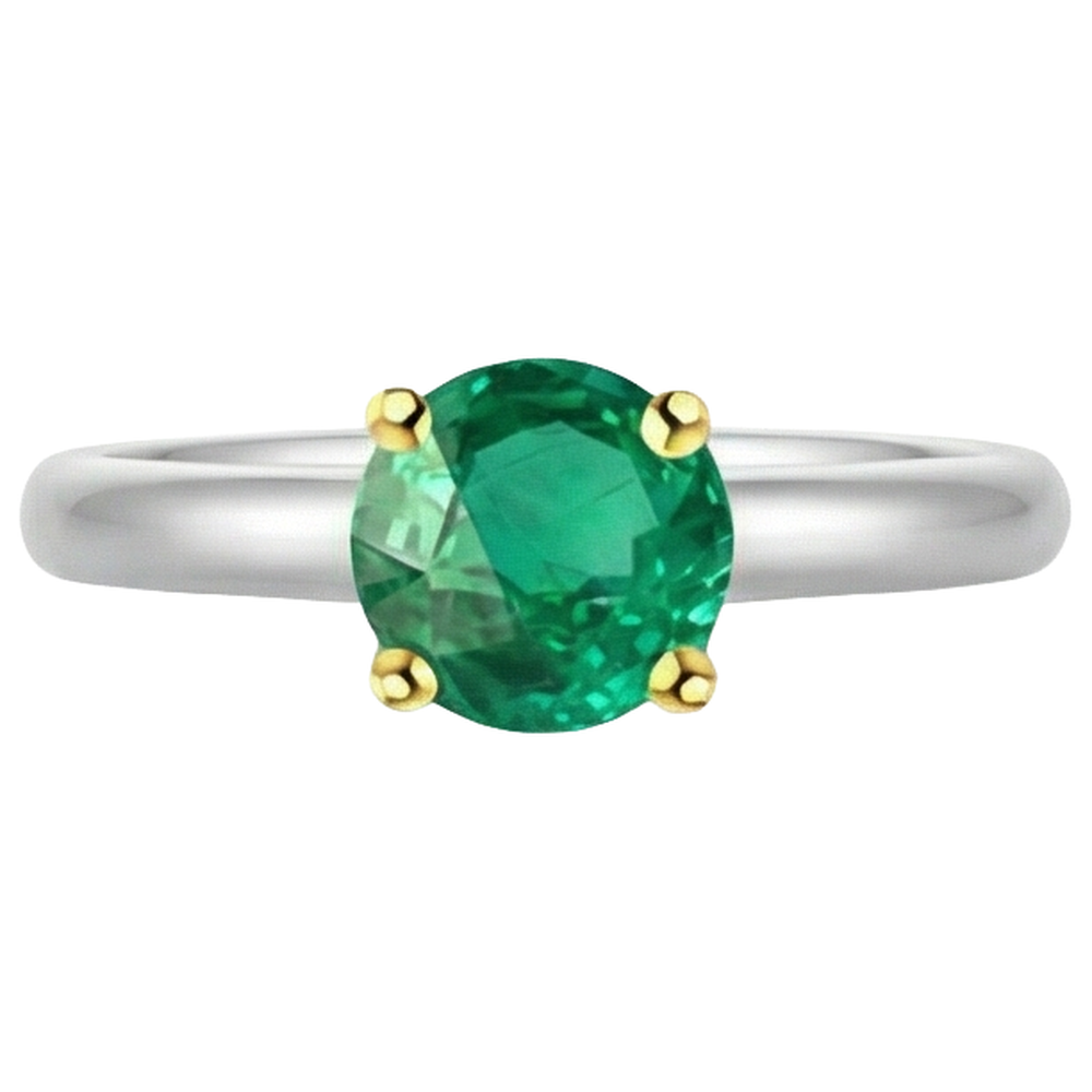 Round Cut Colombian Emerald ring in 14 Karat Two Tone Gold – angle view
