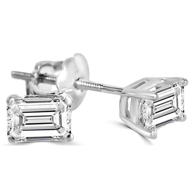 2 Carat Solitaire Emerald Cut Real Diamond Stud Earring White Gold
