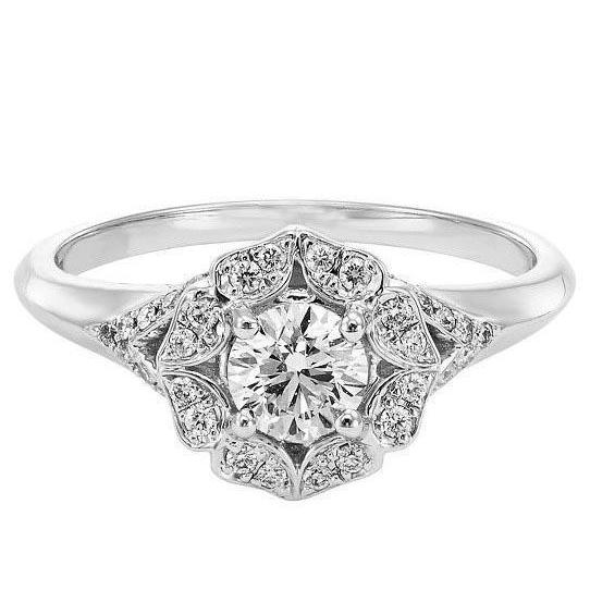 2 Carats Antique Style Round Real Diamond Engagement Ring White Gold 14K