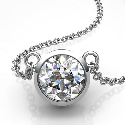 2 Carats Bezel Set Round Cut Real Diamond Solitaire Necklace Pendant 14K