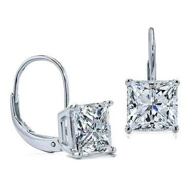 2 Carats D Vvs1 Princess Cut Natural Diamond Earrings Leverback Eurowire 14K White Gold