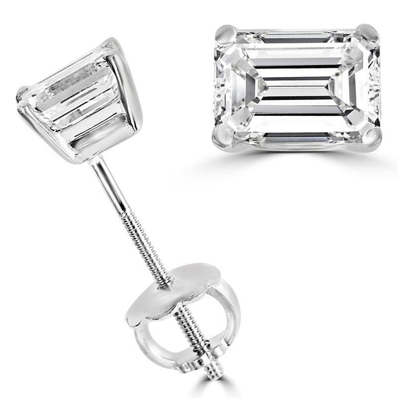 2 Carats Emerald Cut Genuine Diamond Stud Earring Pair White Gold 14K