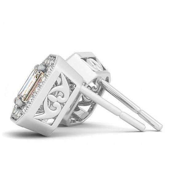 2 Carats Emerald & Round Genuine Diamonds White Gold 14K Studs Earrings Halo2