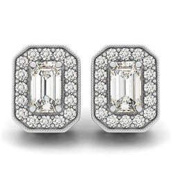 2 Carats Emerald & Round Genuine Diamonds White Gold 14K Studs Earrings Halo
