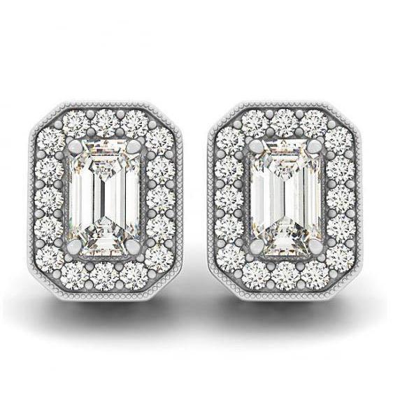 2 Carats Emerald & Round Genuine Diamonds White Gold 14K Studs Earrings Halo