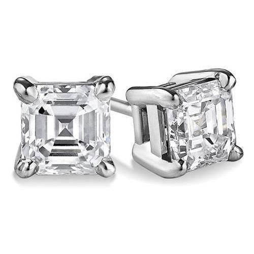 2 Carats Four Prong Set Asscher Cut Genuine Diamond Stud Earring White Gold