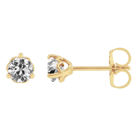 2 Carats Gold Stud Earrings Real Old European Diamond Prong Set Push Backs