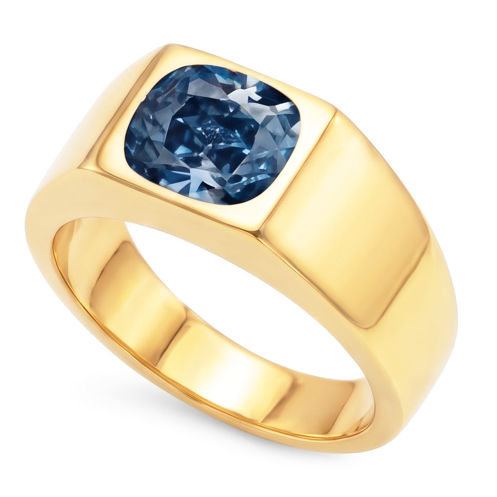2 Carats Gypsy Blue Cushion Natural Earth Mined Diamond Men's Solitaire Ring Yellow Gold