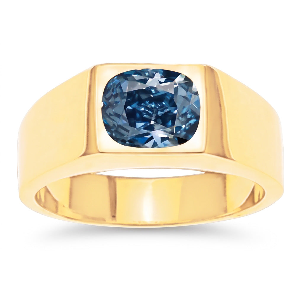 2 Carats Gypsy Blue Cushion Natural Earth Mined Diamond Men's Solitaire Ring Yellow Gold