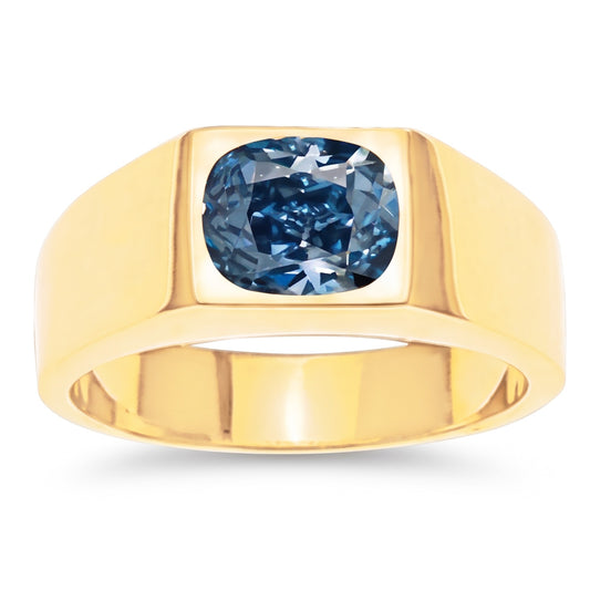 2 Carats Gypsy Blue Cushion Natural Earth Mined Diamond Men's Solitaire Ring Yellow Gold