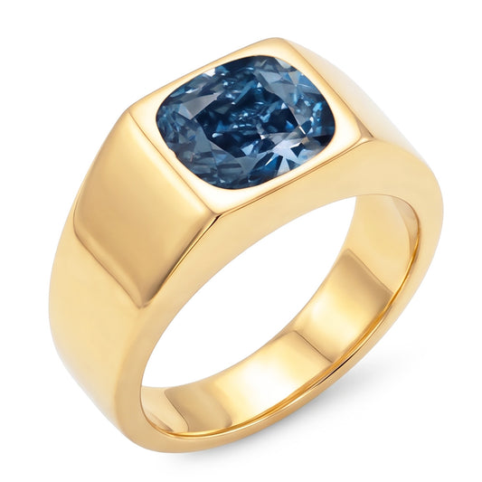 2 Carats Gypsy Blue Cushion Natural Earth Mined Diamond Men's Solitaire Ring Yellow Gold