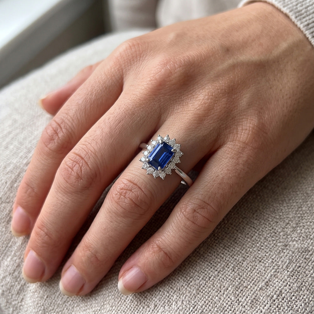 2 Carats Halo Natural Earth Mined Diamond Ring Emerald Ceylon Sapphire Gemstone Star Style