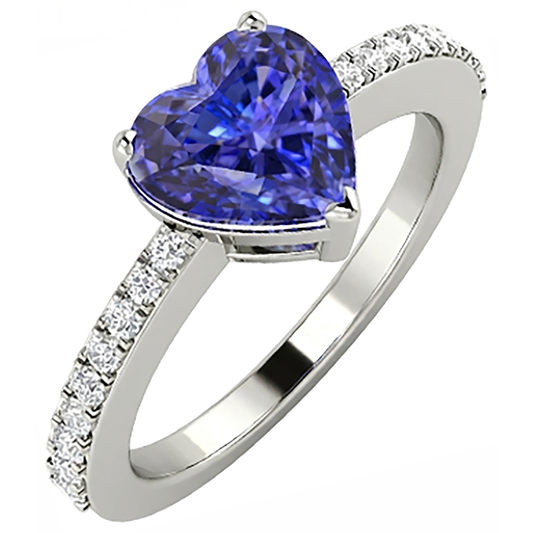 2 Carats Heart Cut Blue Tanzanite And Natural Earth Mined Diamond Anniversary Ring