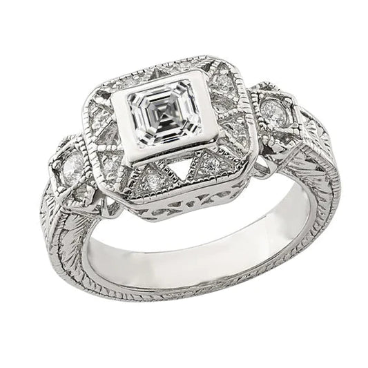 2 Carats Miligrain Halo Ring Antique Style Round & Asscher Real Diamond