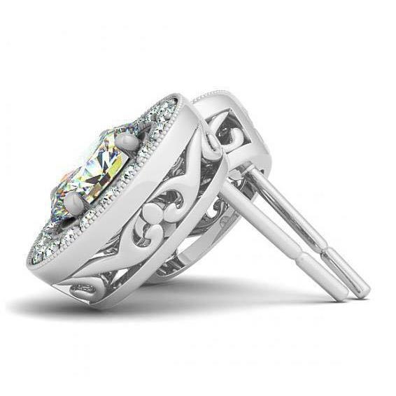 2 Carats Princess & Round Real Diamonds Halo Studs Earrings White Gold 14K2