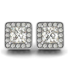2 Carats Princess & Round Real Diamonds Halo Studs Earrings White Gold 14K