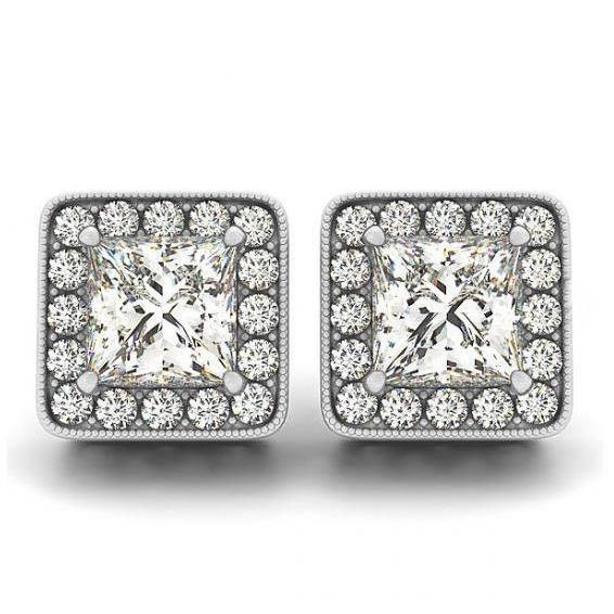 2 Carats Princess & Round Real Diamonds Halo Studs Earrings White Gold 14K
