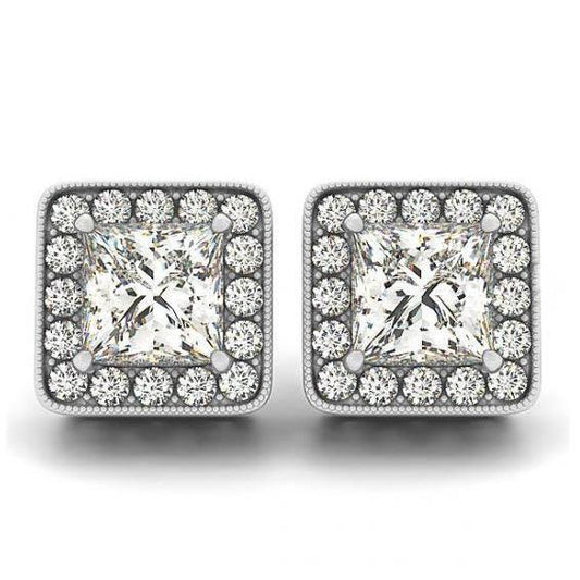 2 Carats Princess & Round Real Diamonds Halo Studs Earrings White Gold 14K