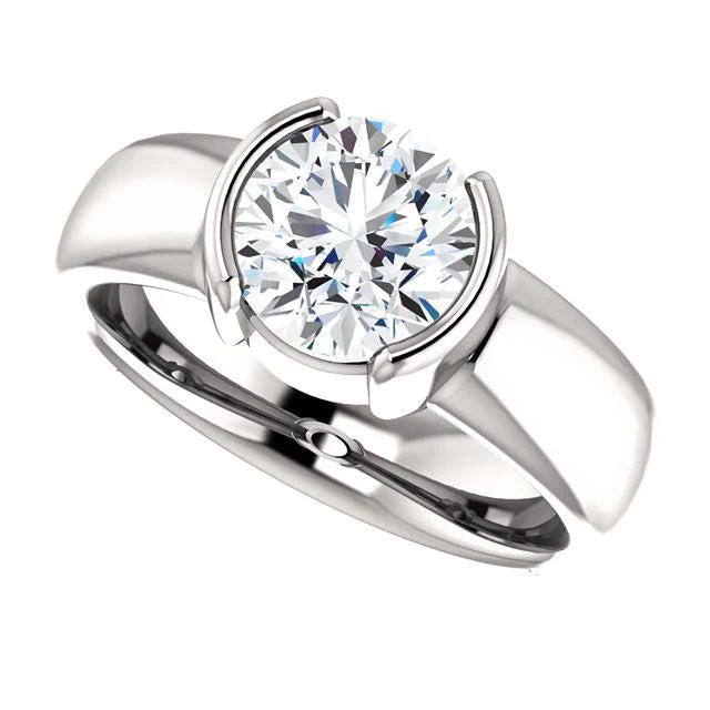 2 Carats Real Diamond Half Bezel Solitaire Ring White Gold