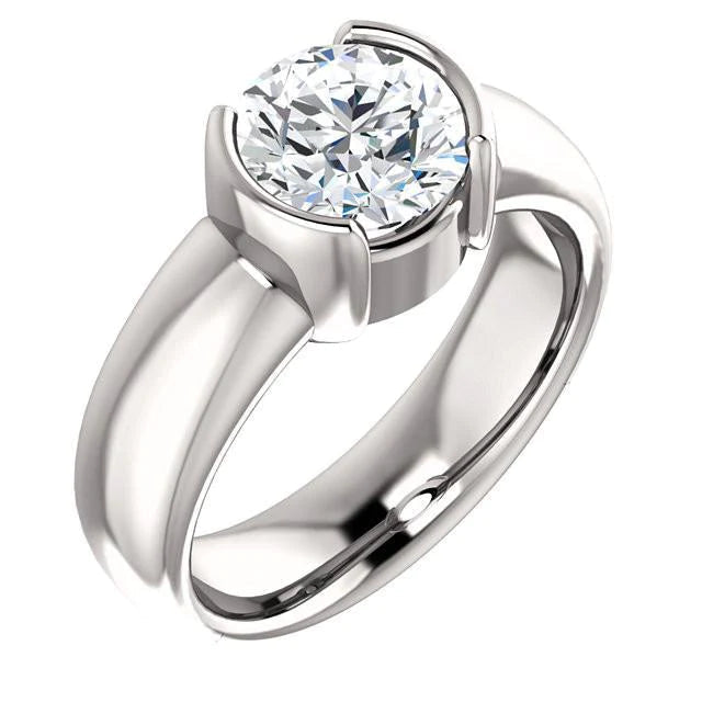 2 Carats Real Diamond Half Bezel Solitaire Ring White Gold