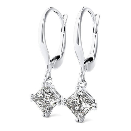 2 Carats Real E Vvs1 Princess Cut Diamond Earrings Leverback Eurowire 14K White Gold