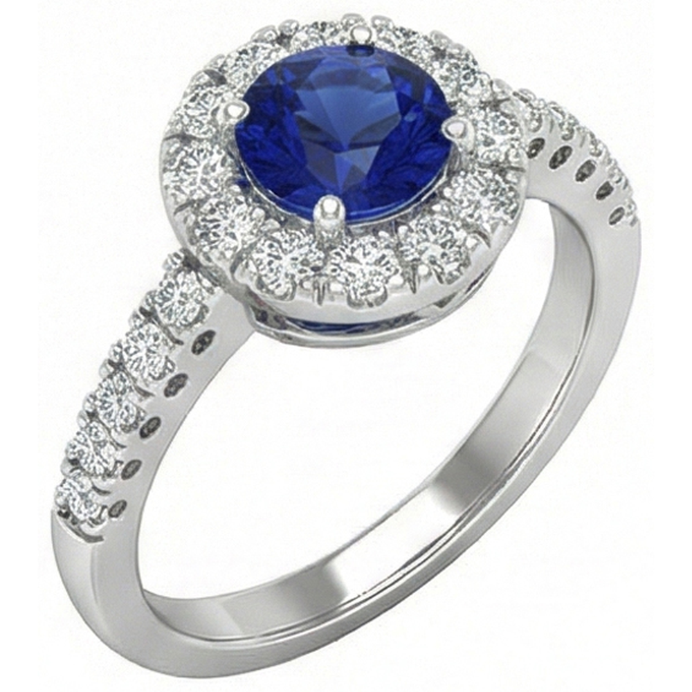 2 Carats Round Blue Ceylon Sapphire Natural Earth Mined Diamond Ring White Gold 14K