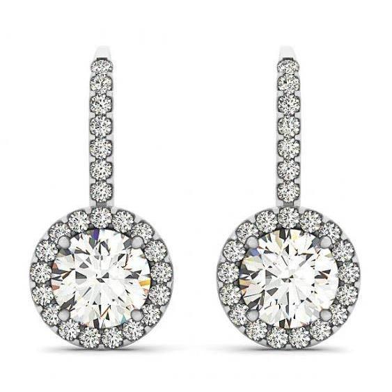 2 Carats Round Brilliant Real Diamonds Halo Drop Earrings