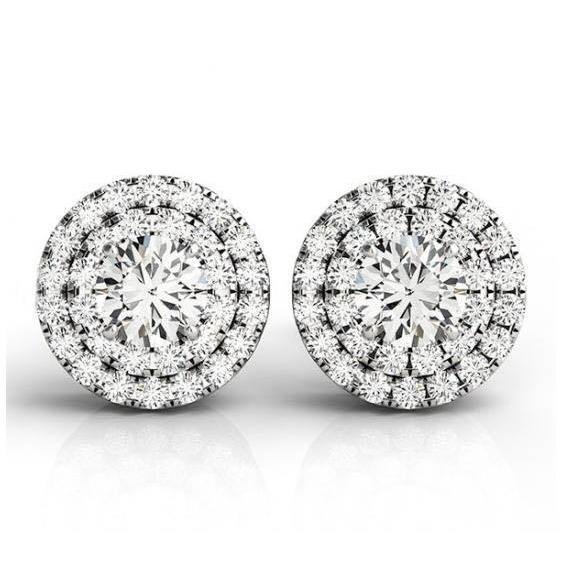 2 Carats Round Center Real Diamonds Round Studs Halo Pair Earring Gold