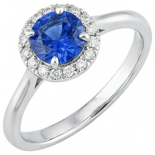 2 Carats Round Sapphire And Natural Earth Mined Diamond Engagement Ring White Gold 14K