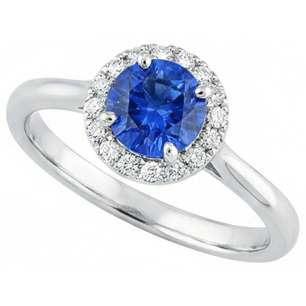 2 Carats Round Sapphire And Natural Earth Mined Diamond Engagement Ring White Gold 14K