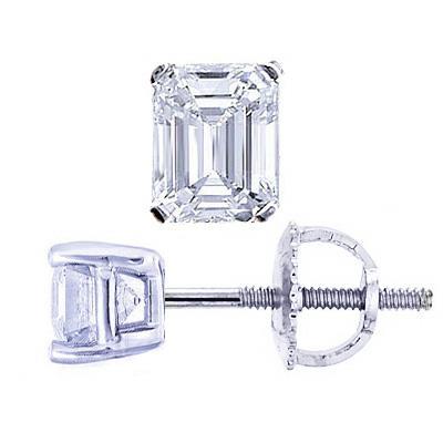 2 Carats Sparkling Emerald Cut Real Diamond Studs Earring