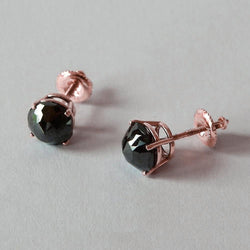 2 Carats Stud Earrings Round Natural Black Diamonds Rose Gold 14K Jewelry
