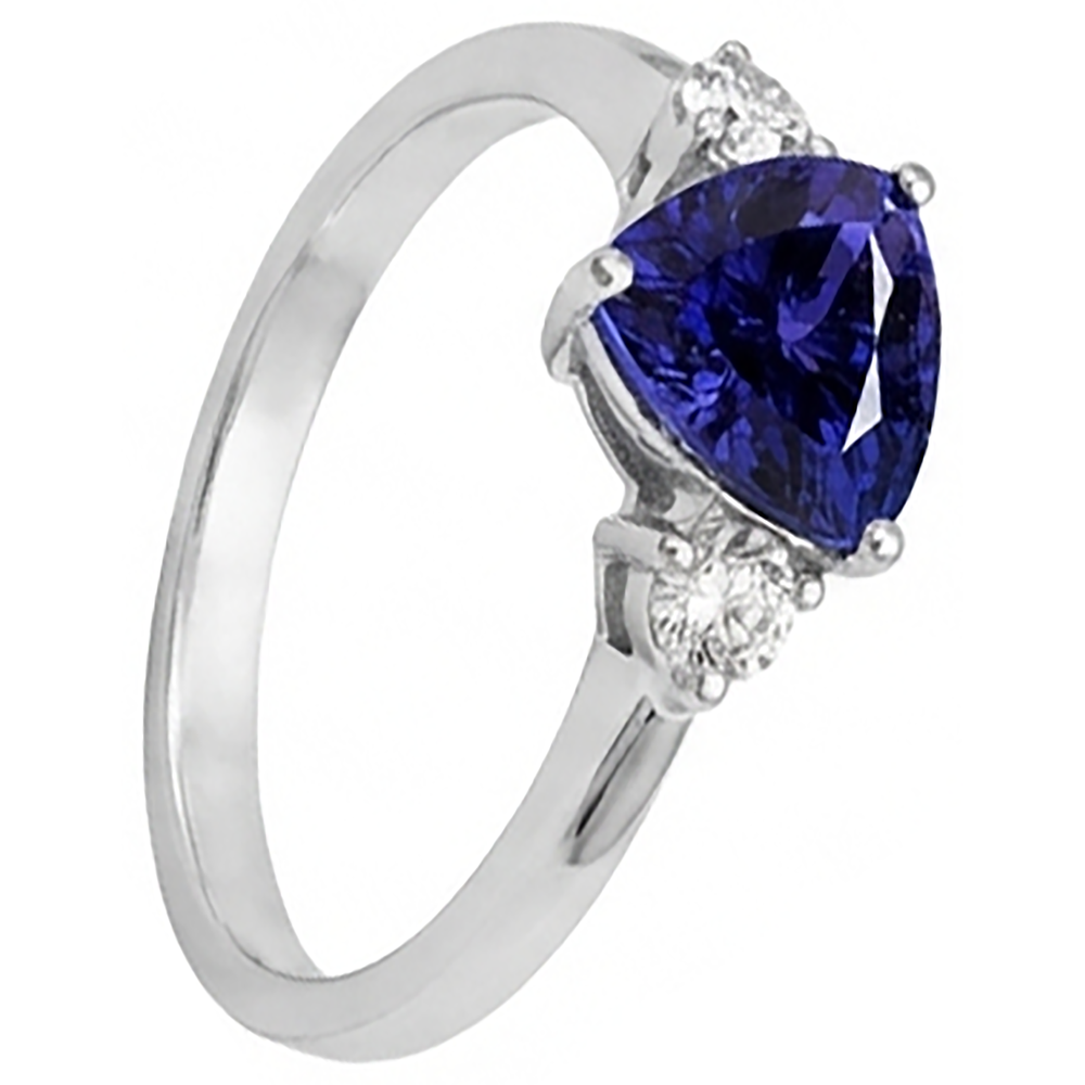 2 Carats Tanzanite Trillion Natural Earth Mined DIAMOND ( NOT LAB GROWN ) 3 Stone Ring White Gold 14K