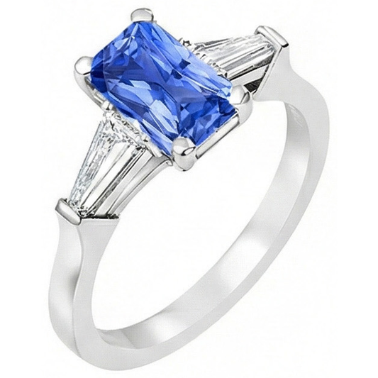 2 Carats Womens Jewellery Blue Sapphire Ring Tapered Baguette 3 Stone