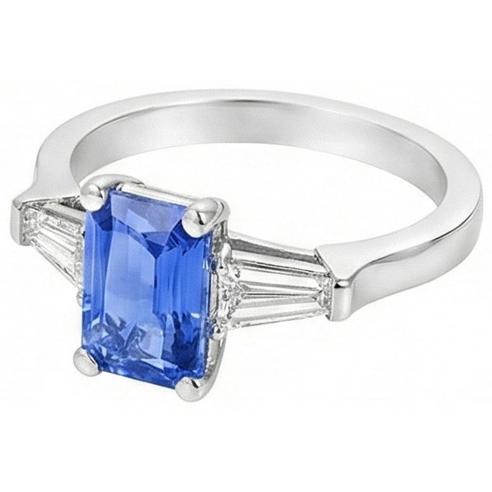 2 Carats Womens Jewellery Blue Sapphire Ring Tapered Baguette 3 Stone