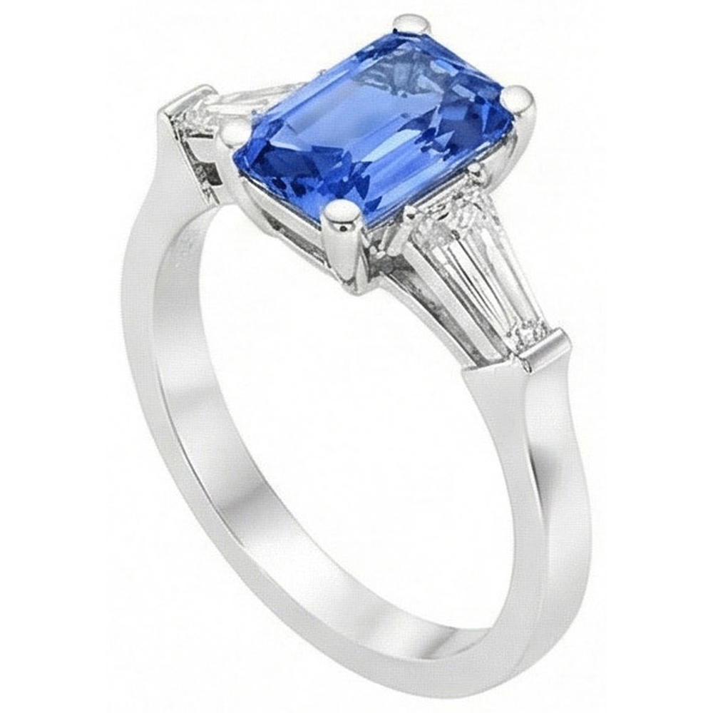 2 Carats Womens Jewellery Blue Sapphire Ring Tapered Baguette 3 Stone