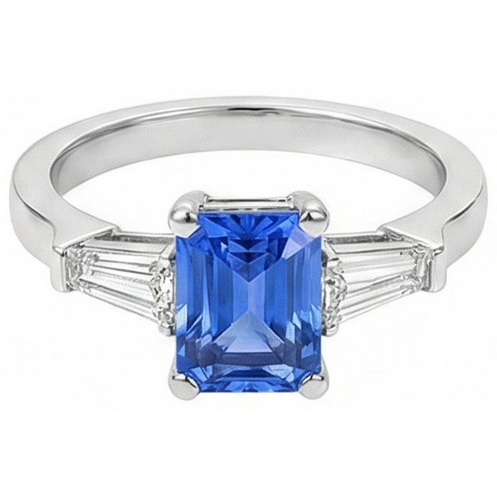 2 Carats Womens Jewellery Blue Sapphire Ring Tapered Baguette 3 Stone