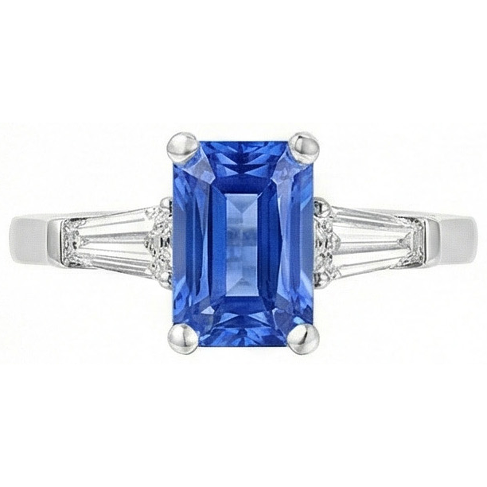 2 Carats Womens Jewellery Blue Sapphire Ring Tapered Baguette 3 Stone