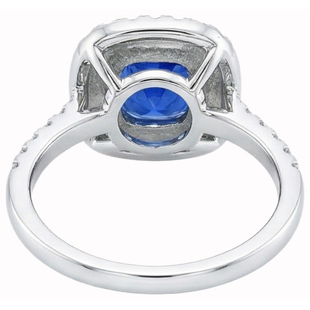 2 Ct Blue Cushion Sapphire And Halo Round Natural Earth Mined Diamond Ring 14K White Gold