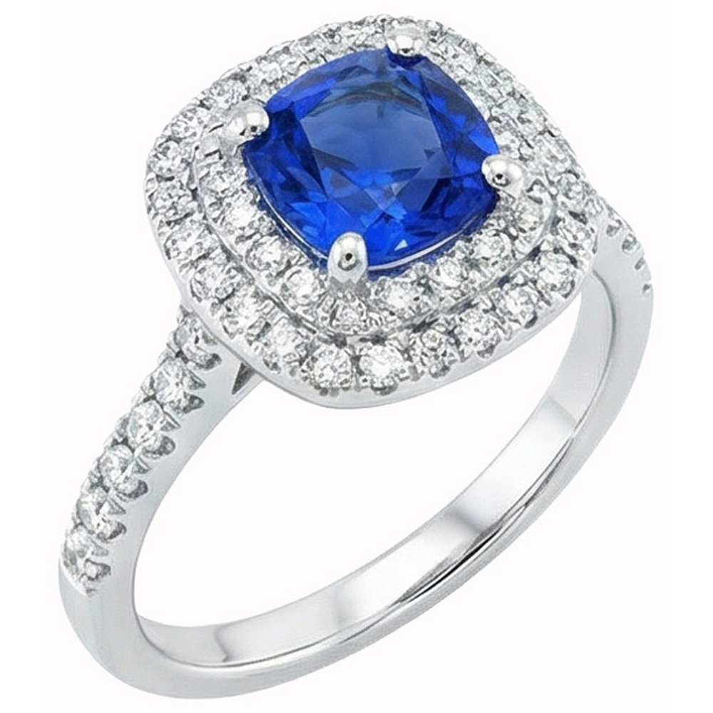 2 Ct Blue Cushion Sapphire And Halo Round Natural Earth Mined Diamond Ring 14K White Gold