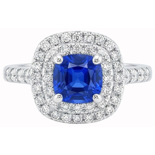 2 Ct Blue Cushion Sapphire And Halo Round Natural Earth Mined Diamond Ring 14K White Gold