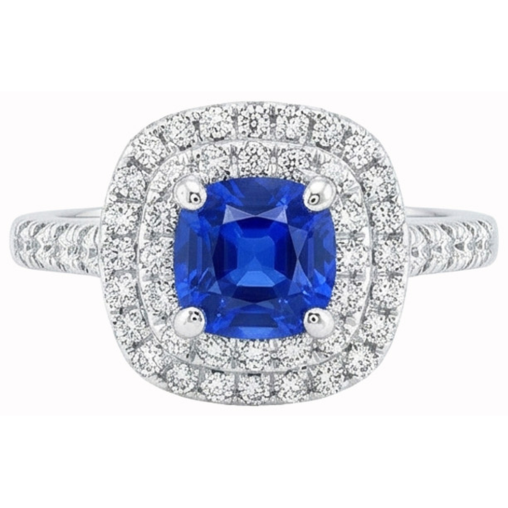 2 Ct Blue Cushion Sapphire And Halo Round Natural Earth Mined Diamond Ring 14K White Gold
