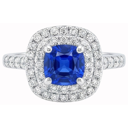 2 Ct Blue Cushion Sapphire And Halo Round Natural Earth Mined Diamond Ring 14K White Gold