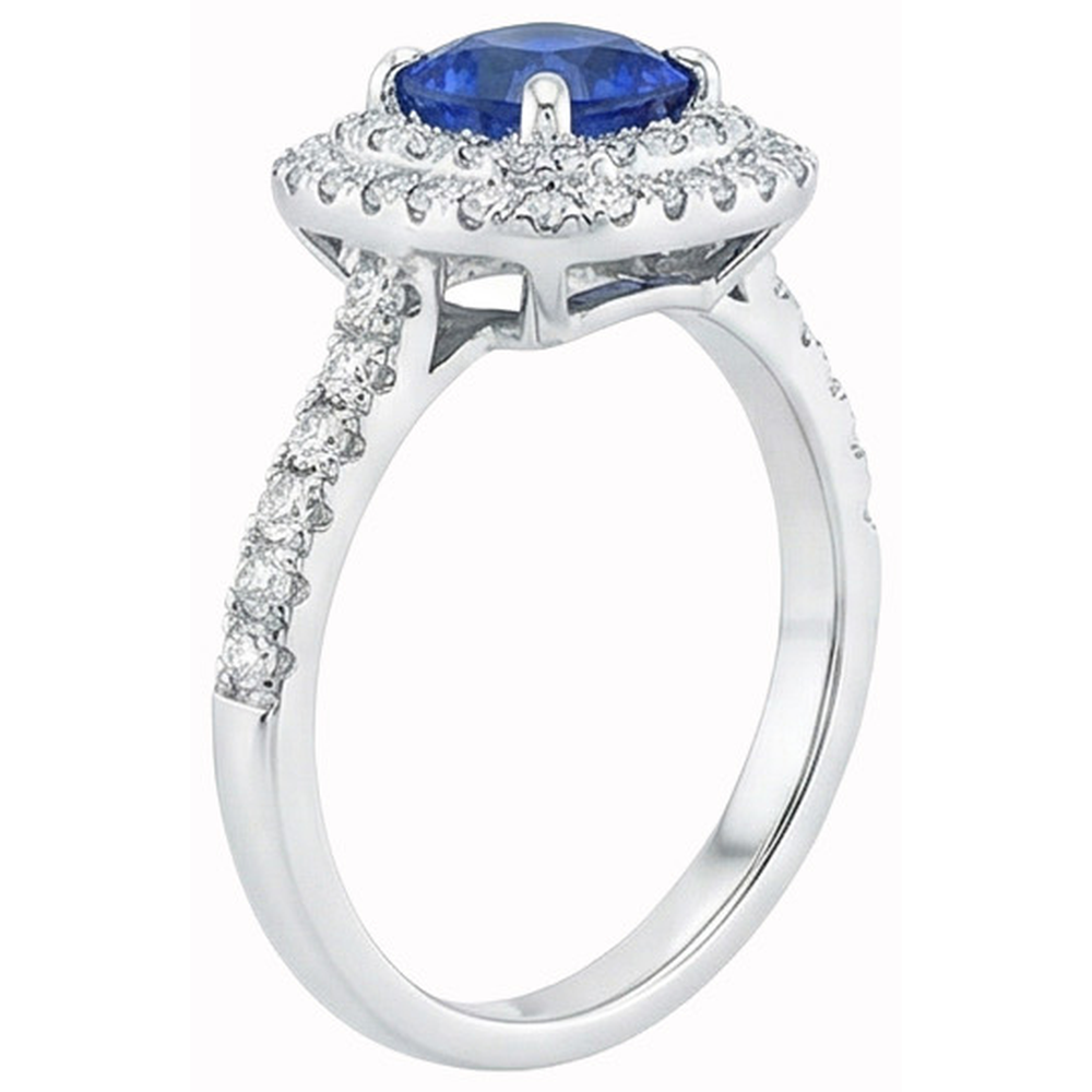 2 Ct Blue Cushion Sapphire And Halo Round Natural Earth Mined Diamond Ring 14K White Gold