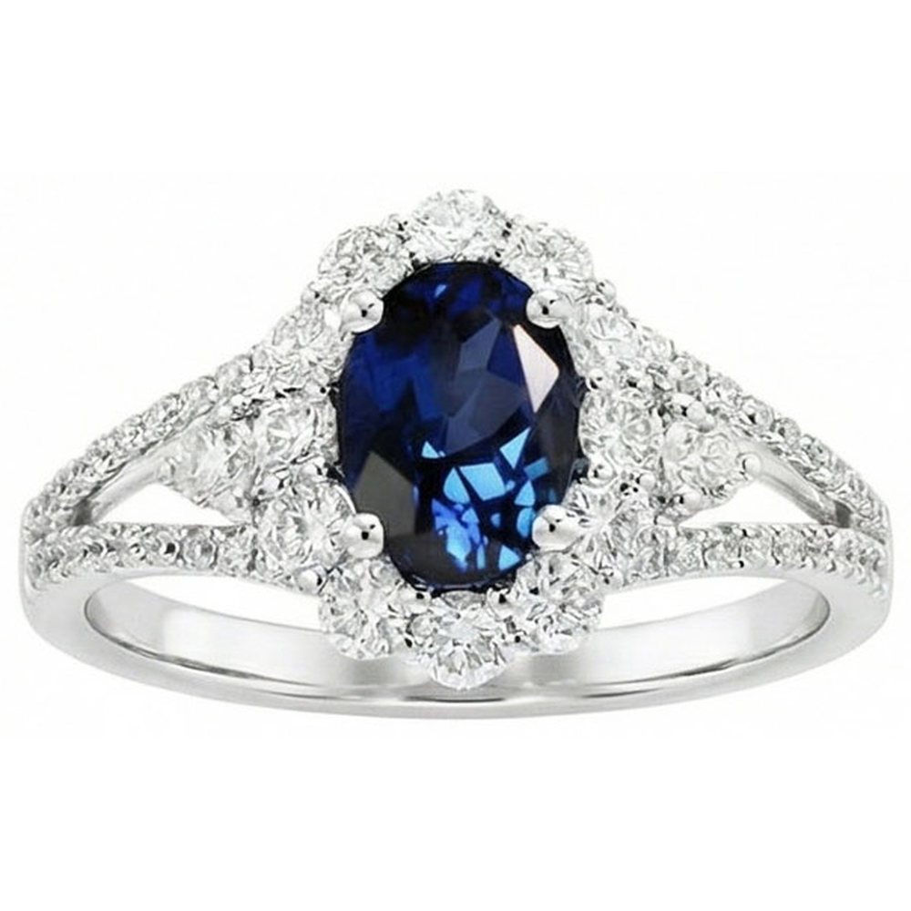 2 Ct Oval Ceylon Sapphire And Natural Earth Mined Diamond Wedding Ring White Gold 14K