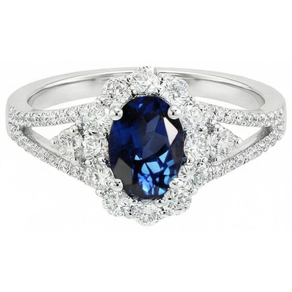 2 Ct Oval Ceylon Sapphire And Natural Earth Mined Diamond Wedding Ring White Gold 14K