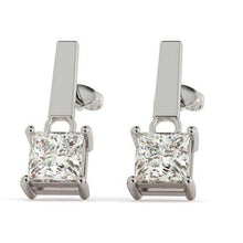 2 Ct Princess Cut Real Diamond Drop Stud Style Earring 14K White Gold