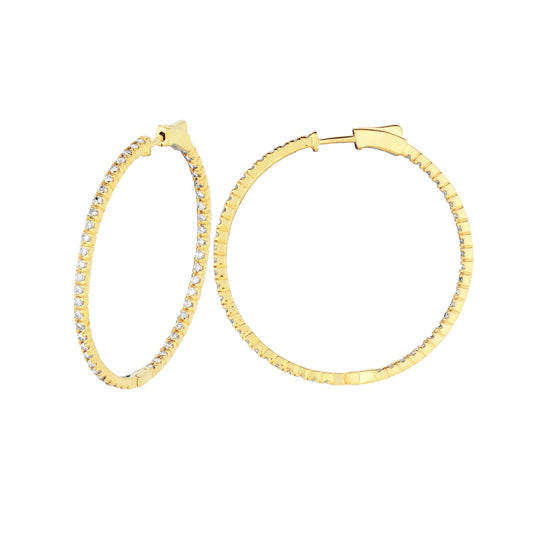 2 Pointer Hoop Earrings/Patented Snap Lock 2 Carats Real Diamond 14K Yellow